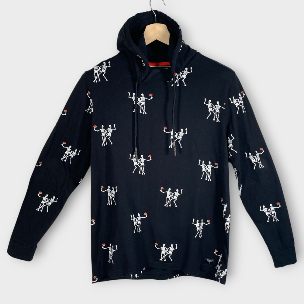 Denim & Flower Ricky Singh Hooded T-Shirt MEDIUM Skeletons 100% Cotton Black